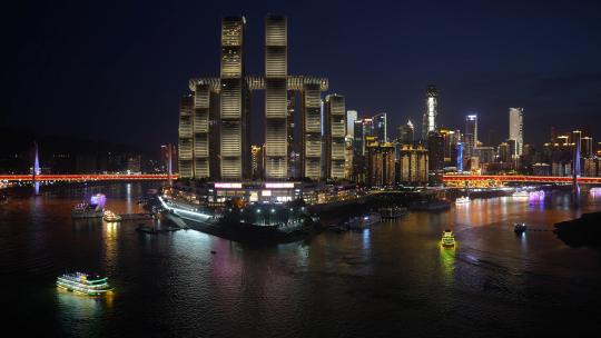 重庆两江交汇地标商业建筑夜景街景游船