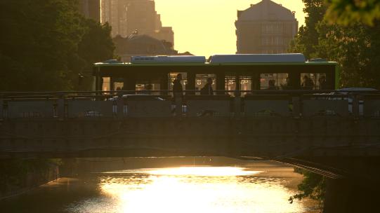 夕阳下梧桐树叶  大桥上行人 公交车