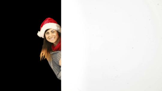 美女黑发圣诞帽显示白色海报