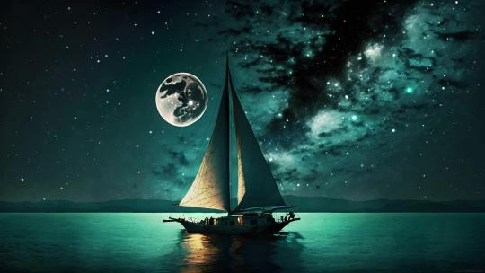 梦幻海面帆船银河星空流星星辰大海月亮皓月