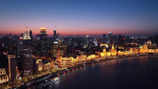 上海黄浦区外滩十里洋场和平饭店夜景航拍