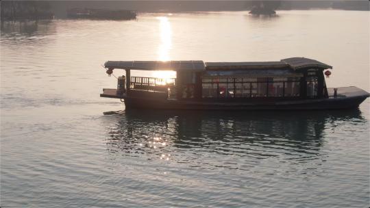 夕阳下的南湖红船唯美航拍视频素材模板下载