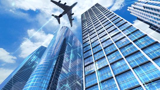 摩天大楼震撼飞机飞越CBD科技经济金融