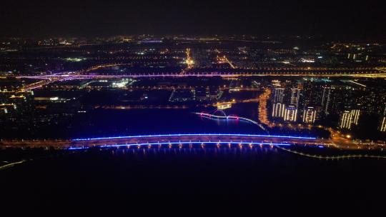 航拍江苏苏州金鸡湖大桥夜景