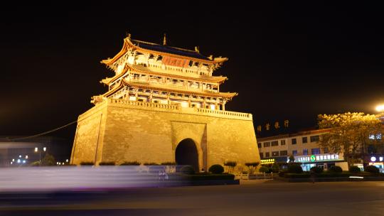 古典 鼓楼 夜晚 延时  车流量