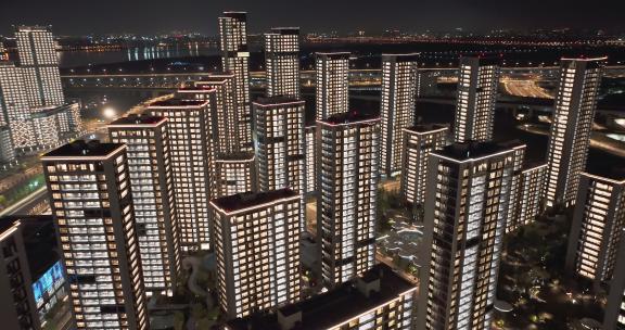 杭州亚运会亚运村城市建筑晚上亮灯夜景航拍