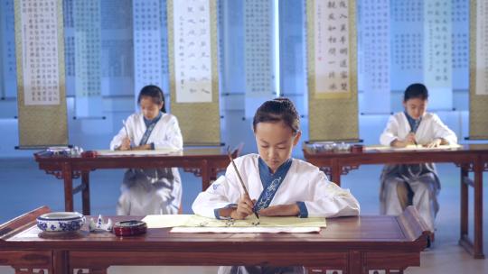 中国书法-古代私塾儿童书法视频素材模板下载