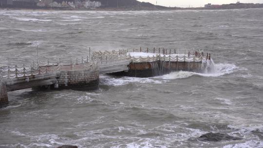 威海金海湾栈桥的冬季海浪