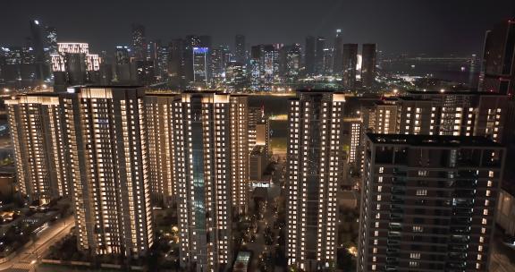 杭州亚运会亚运村城市建筑晚上亮灯夜景航拍