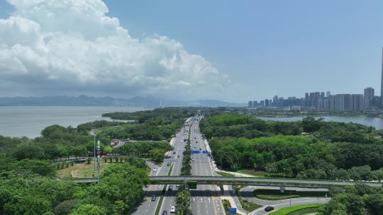 深圳南山区深圳湾蓝天白云航拍