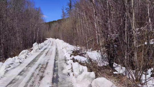 行驶在崎岖颠簸的森林雪路上视频素材模板下载