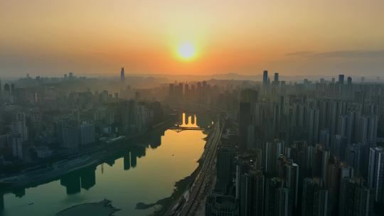 重庆城市日落光影航拍