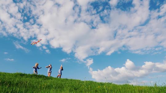 唯美草地上放风筝的一家人亲子