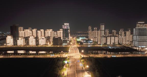 杭州亚运会亚运村城市建筑晚上亮灯夜景航拍