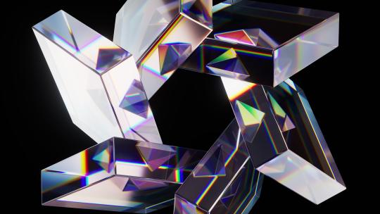 抽象多彩玻璃几何体与黑色背景3D渲染