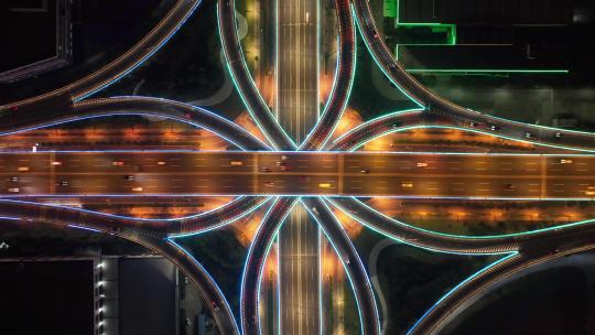 俯瞰城市立交桥交通车流夜景延时摄影