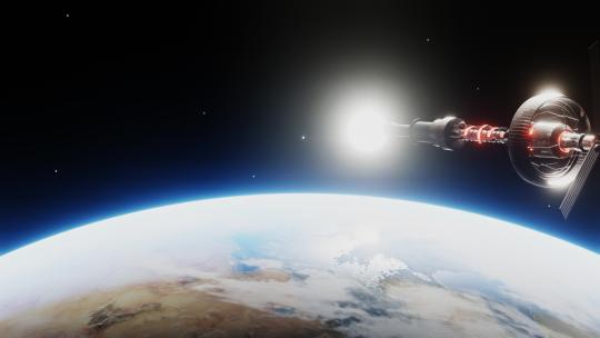 一艘环绕地球运行的未来太空飞船4K视频素材模板下载