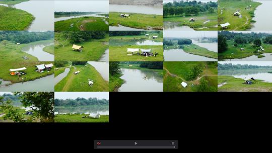 4K航拍河边露营地露营帐篷亲子露营多镜头高清在线视频素材下载