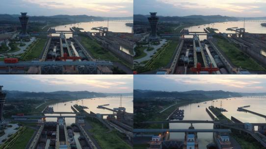 夕阳下的西江长洲水利枢纽船闸高清在线视频素材下载