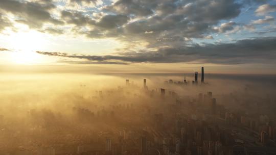 上海日出航拍-金光平流雾