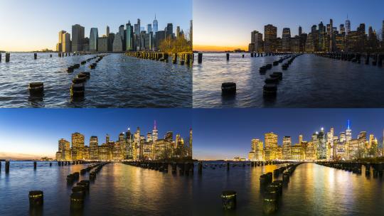 美国纽约曼哈顿日落4K晚霞建筑金融夜景高清在线视频素材下载