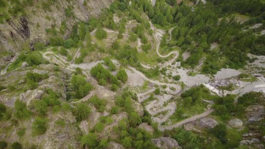 瑞士阿尔卑斯山自然小径的无人机视图。杉树森林