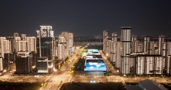 杭州亚运会亚运村城市建筑晚上亮灯夜景航拍
