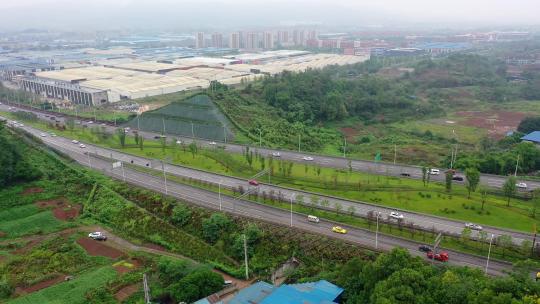 航拍重庆白市驿镇城市扩张交通道路建设