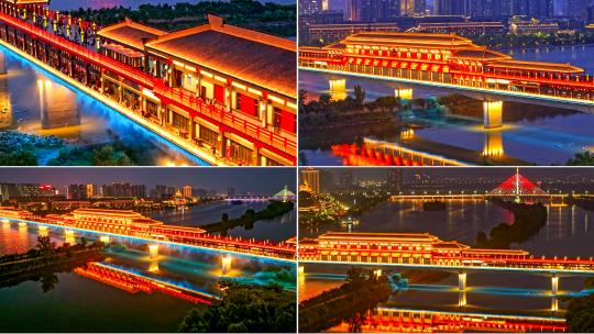 咸阳古渡廊桥夜景高清在线视频素材下载