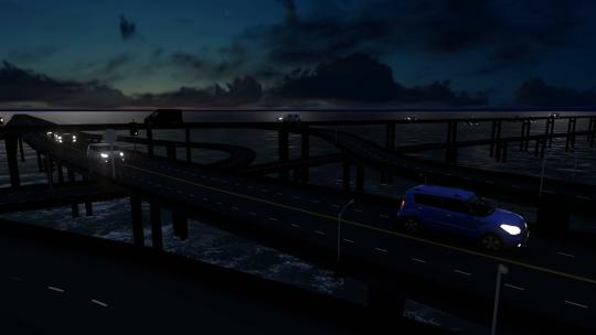 1337_夜间海上桥梁的交通，3D版