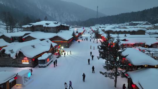 黑龙江雪乡冬季夜景风光航拍