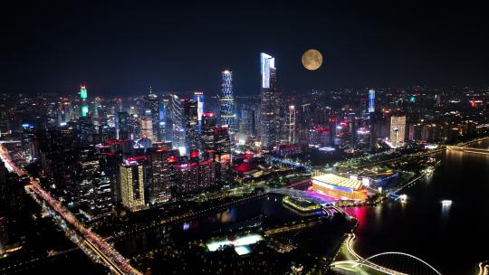 广州城市月亮延时夜景城市中秋节月亮升起来