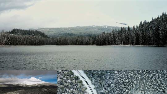 航拍雪山森林湖泊雪松雪景汽车优质水源