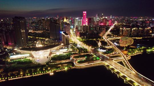 中国辽宁沈阳浑河两岸城市夜景航拍