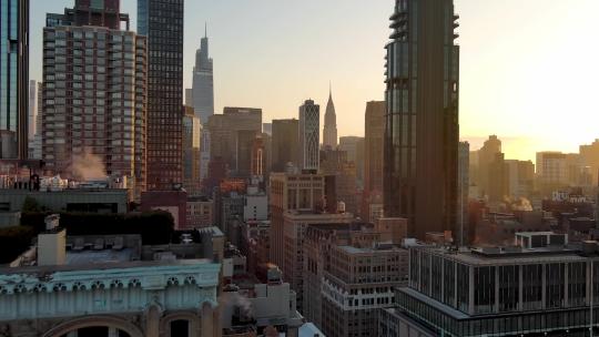 4K城市航拍纽约曼哈顿城市建筑摩天大楼日出