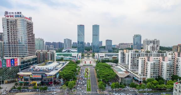 江门地标万达广场五邑广场城市车流航拍4K