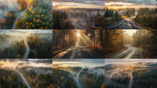秋天森林航拍 雾气森林 公路汽车广告片头高清在线视频素材下载