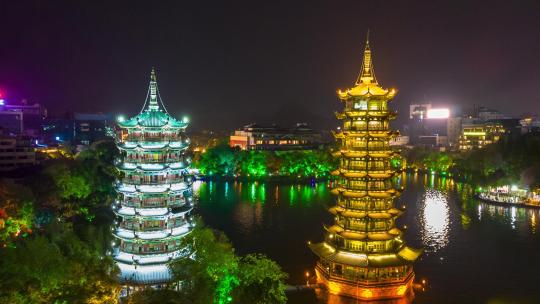 广西桂林日月双塔夜景灯光航拍移动延时