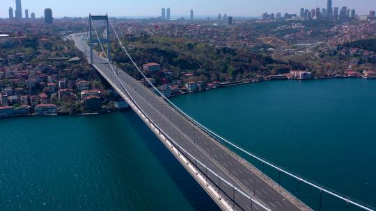 FSM（Fatih Sultan Mehmet）大桥、博斯普鲁斯海峡和建筑物的鸟瞰图视频素材模板下载