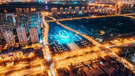 中国哈尔滨音乐厅夜景延时航拍