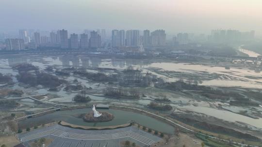航拍陕西汉中汉江天汉湿地公园落日风光