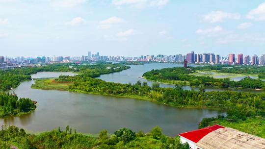 中国城市景观，湿地环境与城市建筑视频素材模板下载