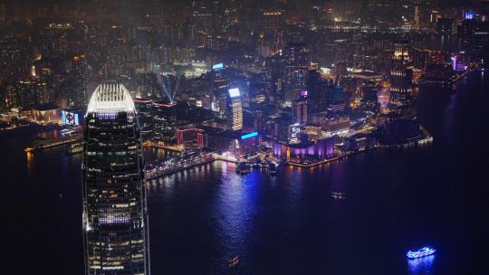 航拍中国香港维多利亚港城市夜景繁华都市