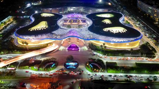 海南省三亚国际免税城城市夜景航拍建筑延时