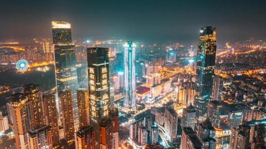 中国广西南宁东盟商务区城市夜景延时航拍
