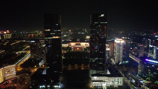 河南郑州绿地双子塔地标建筑夜景航拍