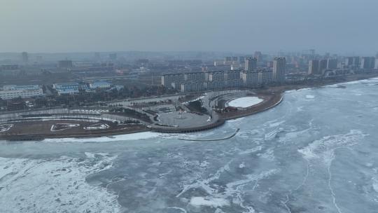 吉林珲春市冬季珲春河城市风光航拍