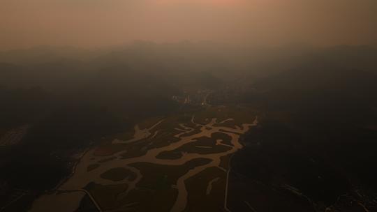 延时航拍桃江十三渚傍晚全景