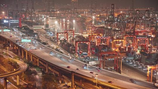 香港葵涌货柜码头车流夜景视频素材模板下载