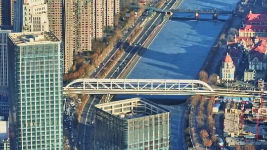 天津市冬季梅河城市风景航拍建筑与天空